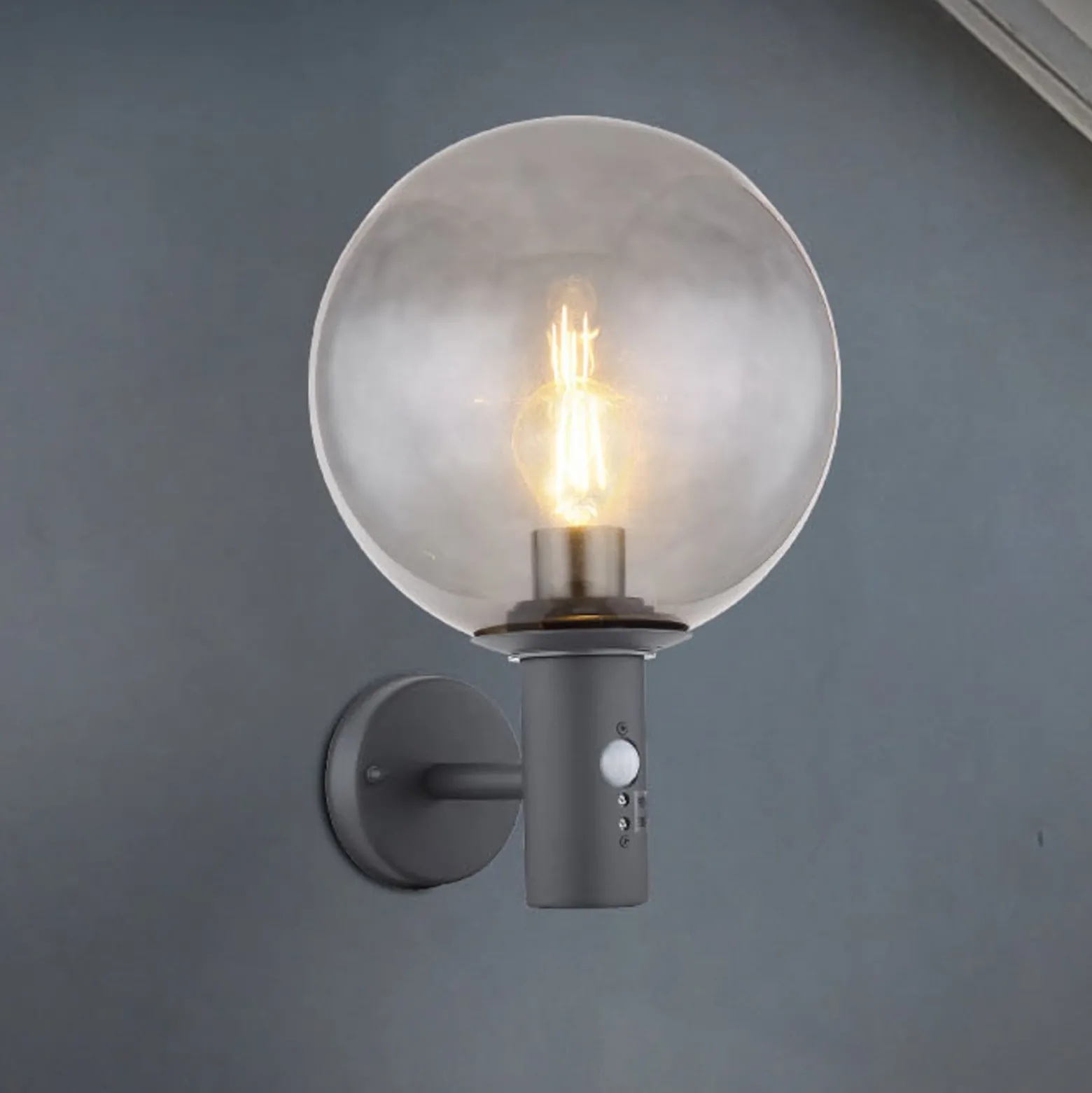 Außenwandlampe Hedwig, anthrazit/rauch, Sensor, IP44, E27