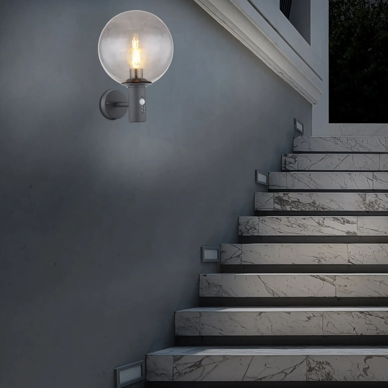 Außenwandlampe Hedwig, anthrazit/rauch, Sensor, IP44, E27