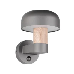Außenwandleuchte Fraser Sensor, grau/Holzoptik, Alu IP54 E27