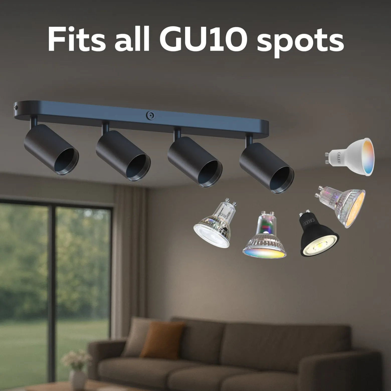 Calex GU10-Deckenspot, schwarz, Länge 49 cm, 4-flg., Metall
