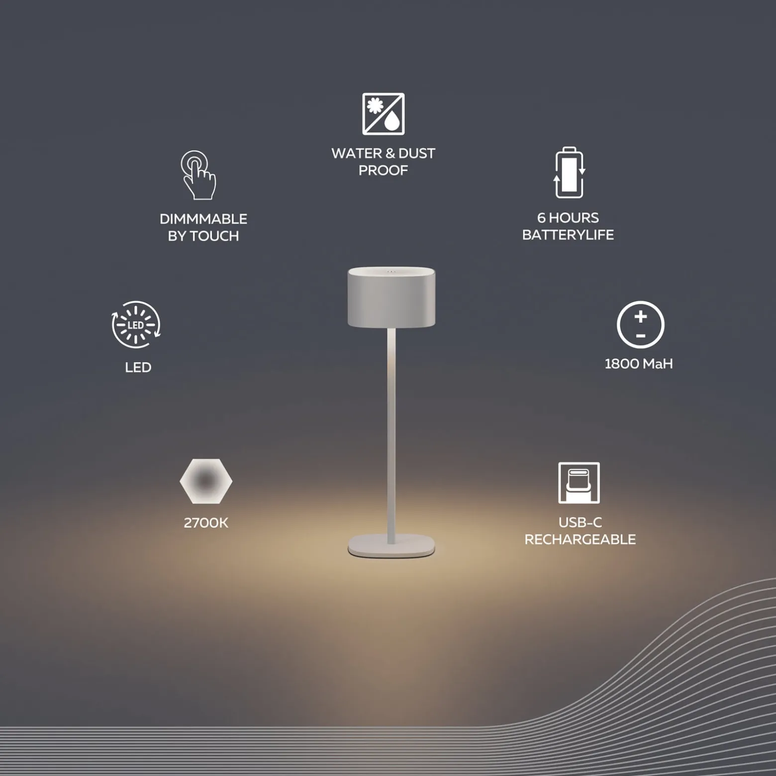 Calex LED-Akku-Tischleuchte Serino, sand, Aluminium, 2.700 K