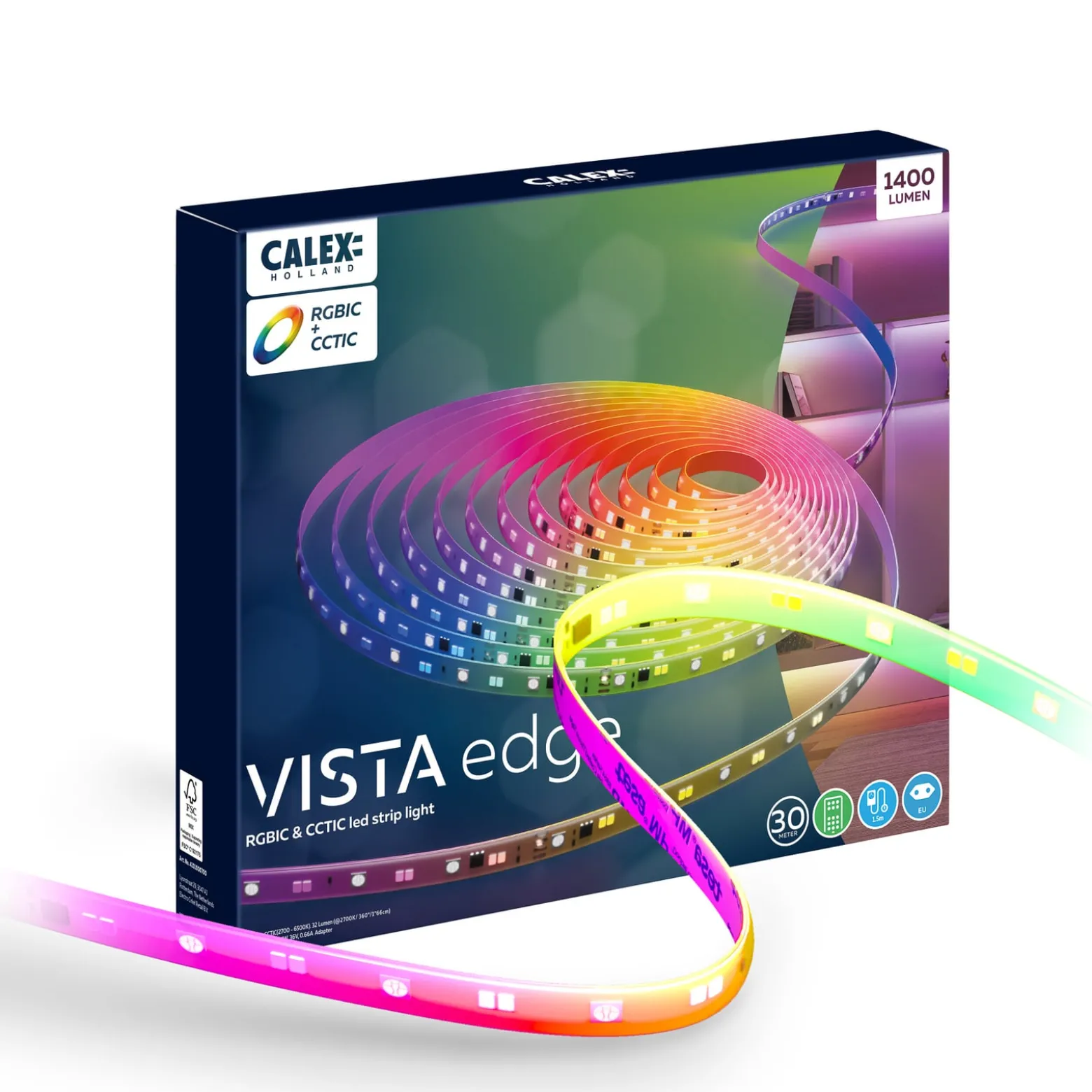 Calex Vista LED-Streifen, Länge 30 m, RGB, CCT Fernbedienung
