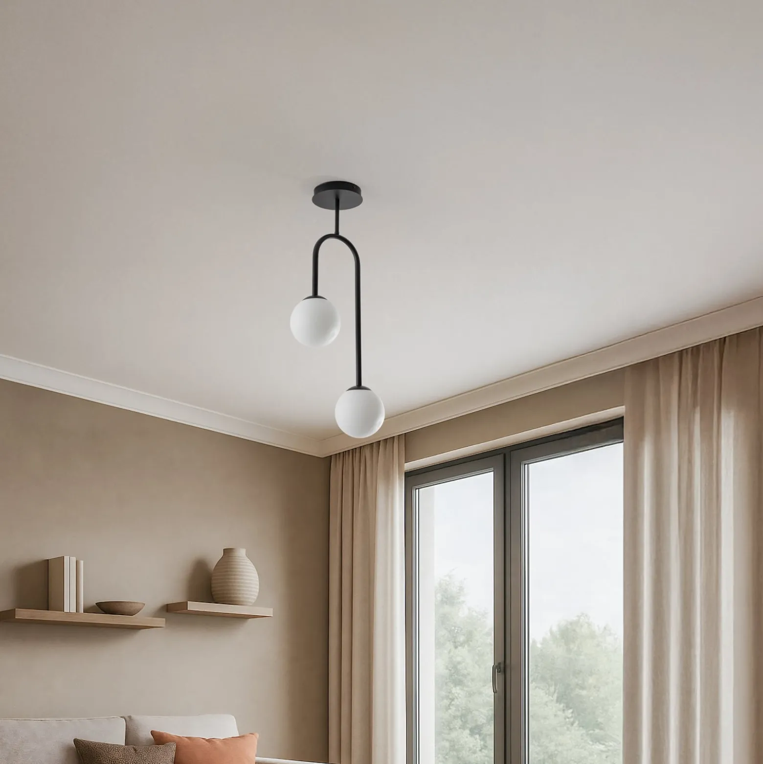 Deckenlampe Atria, opal/schwarz, Höhe 76 cm, Metall, 2-flg.