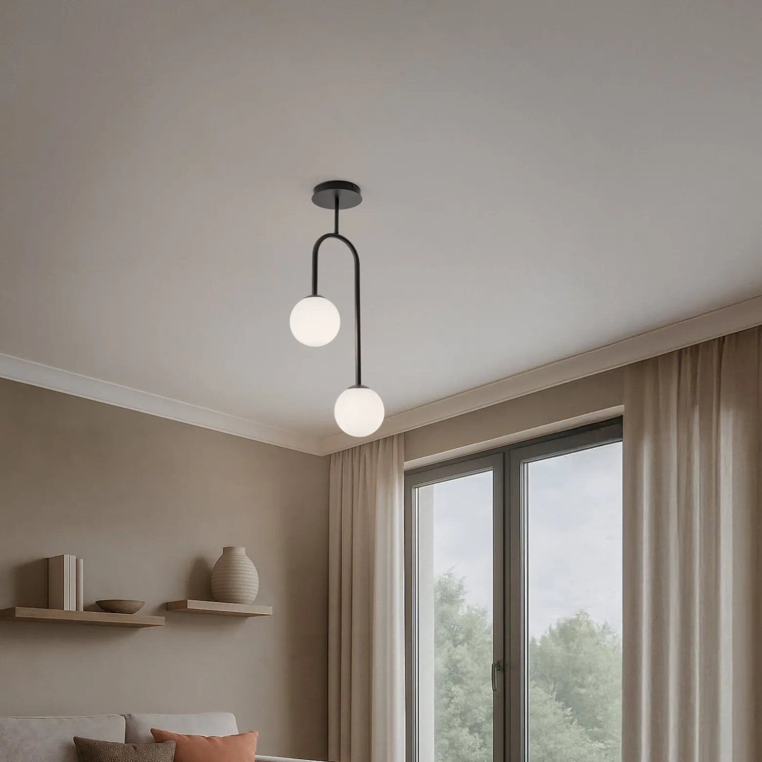 Deckenlampe Atria, opal/schwarz, Höhe 76 cm, Metall, 2-flg.