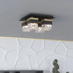 Deckenlampe Barrancas, schwarz/gold, Kristallglas