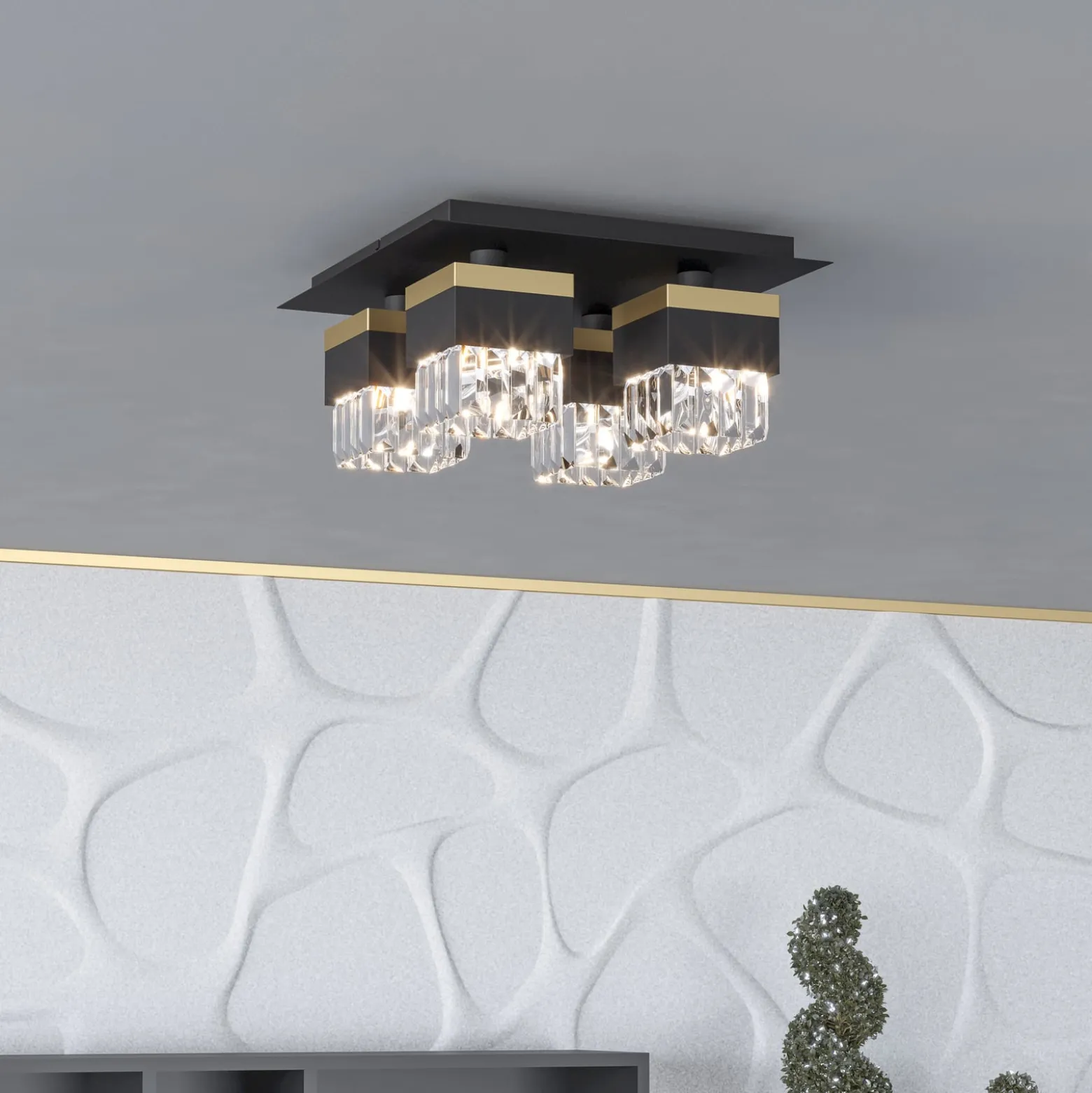 Deckenlampe Barrancas, schwarz/gold, Kristallglas