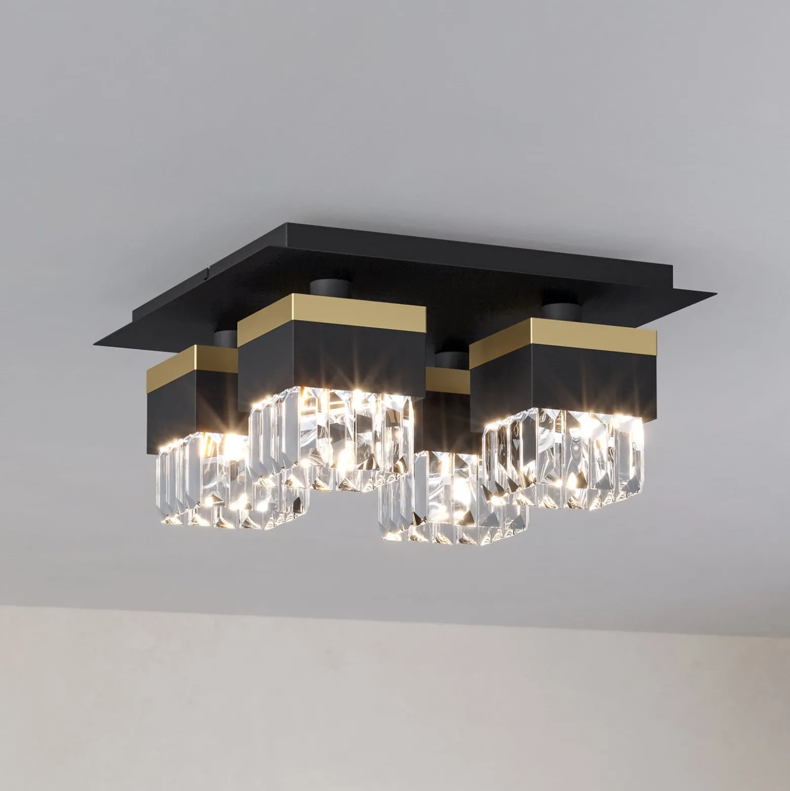 Deckenlampe Barrancas, schwarz/gold, Kristallglas