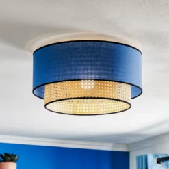 Deckenlampe Boho, blau/holz/schwarz, Ø 45 cm, Textil/Rattan