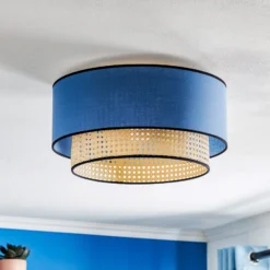 Deckenlampe Boho, blau/holz/schwarz, Ø 45 cm, Textil/Rattan