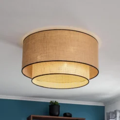 Deckenlampe Boho, braun/holz/schwarz, Ø 60 cm, Textil/Rattan