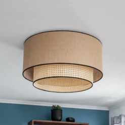 Deckenlampe Boho, braun/holz/schwarz, Ø 60 cm, Textil/Rattan