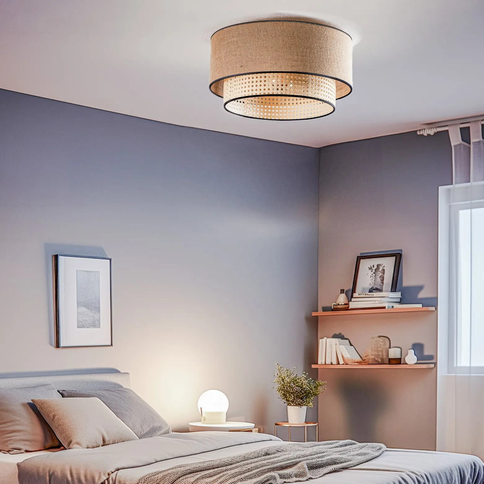 Deckenlampe Boho, braun/holz/schwarz, Ø 45 cm, Textil/Rattan
