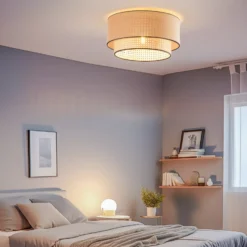 Deckenlampe Boho, braun/holz/schwarz, Ø 45 cm, Textil/Rattan
