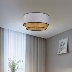 Deckenlampe Boho, weiß/holz/schwarz, Ø 45 cm, Textil/Rattan