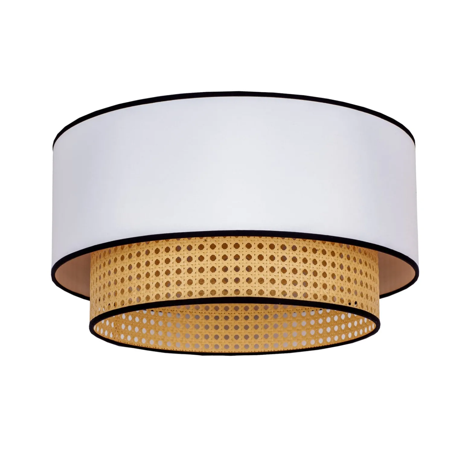 Deckenlampe Boho, weiß/holz/schwarz, Ø 45 cm, Textil/Rattan