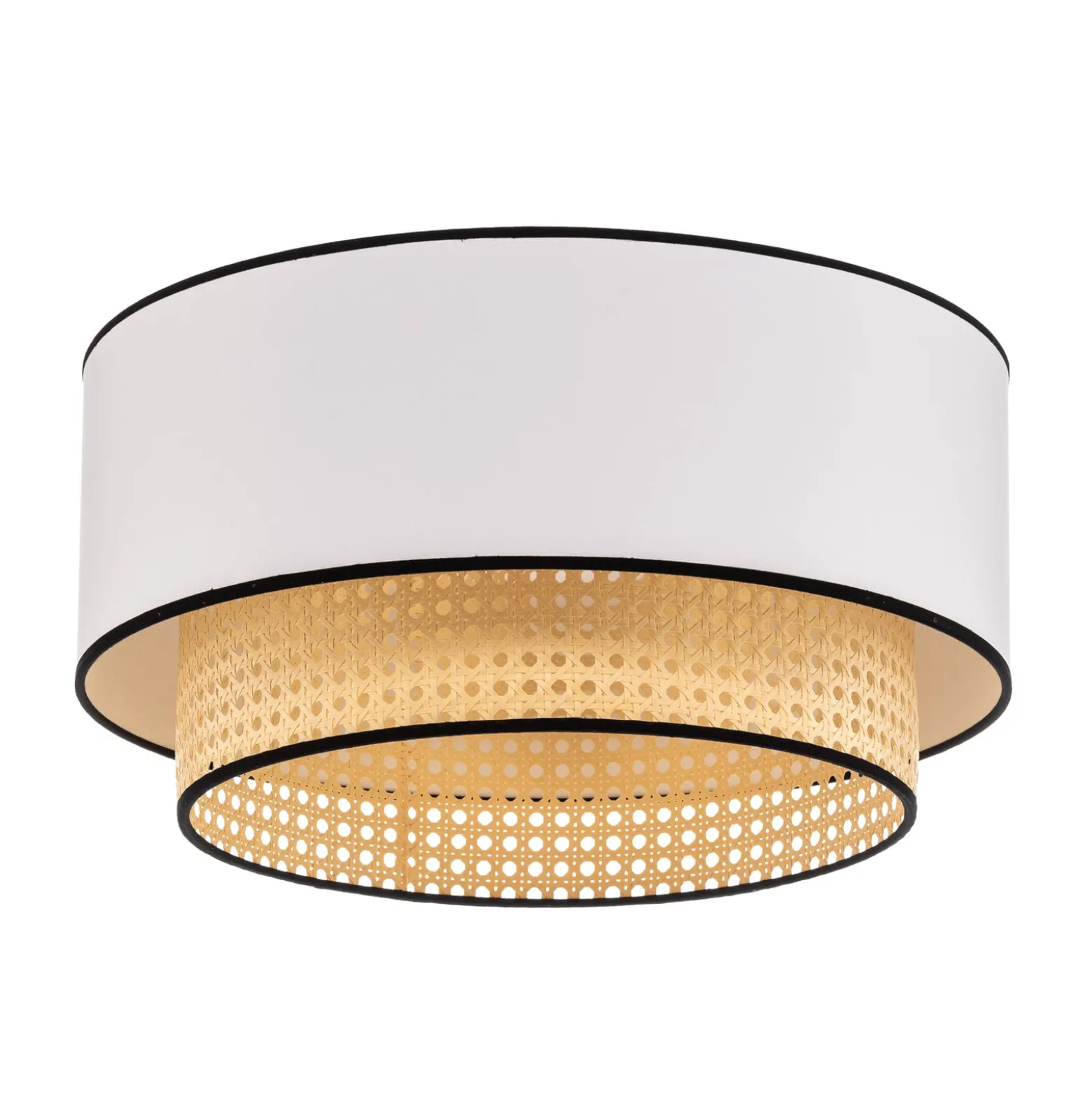 Deckenlampe Boho, weiß/holz/schwarz, Ø 45 cm, Textil/Rattan
