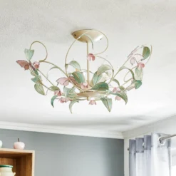 Deckenlampe BUTTERFLY, creme/grün/rosé, Edelstahl, 5-flammig