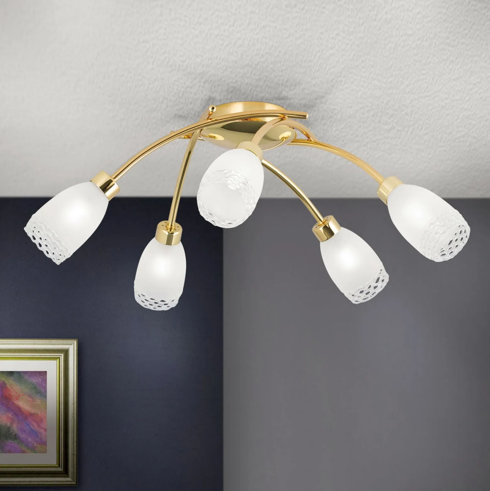 Deckenlampe CARLA, messingfarben, Ø 60 cm Metall/Glas 5-flg.