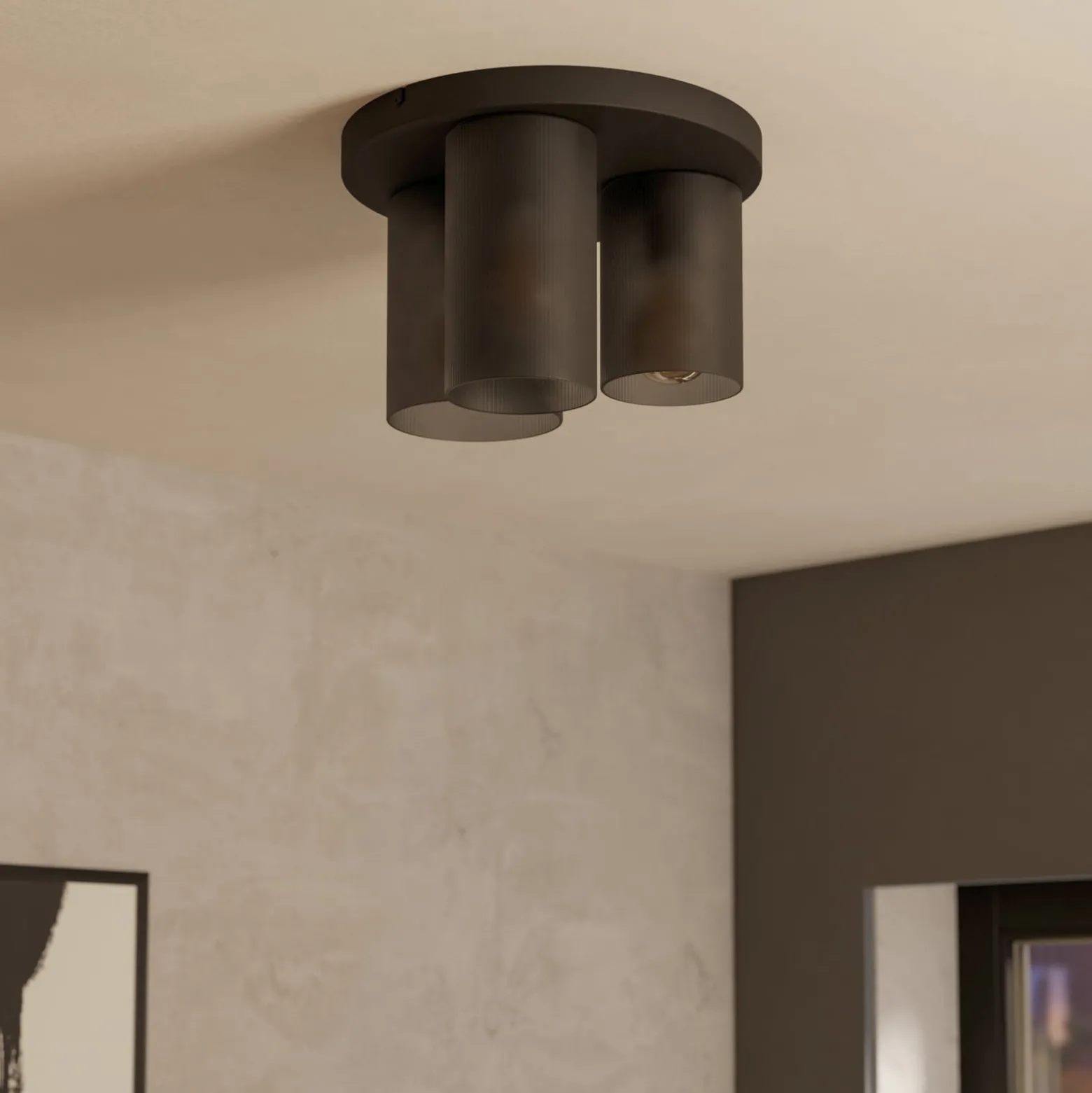 Deckenlampe Colomera, Ø 35 cm, schwarz/grau, 3-flg., Glas