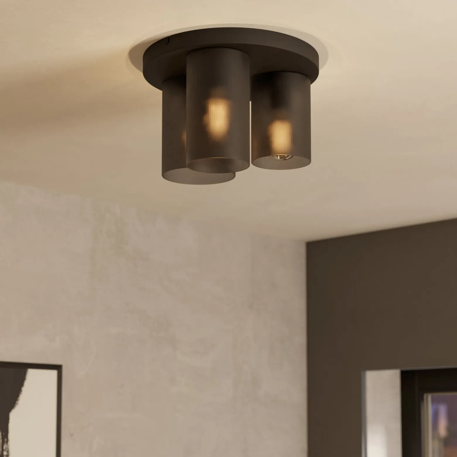 Deckenlampe Colomera, Ø 35 cm, schwarz/grau, 3-flg., Glas