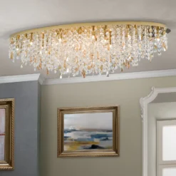 Deckenlampe Crystalriver mit Kristallbehang gold