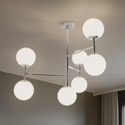 Deckenlampe Korek, chrom/weiß, Glas, 75 cm, 7-flg., E14