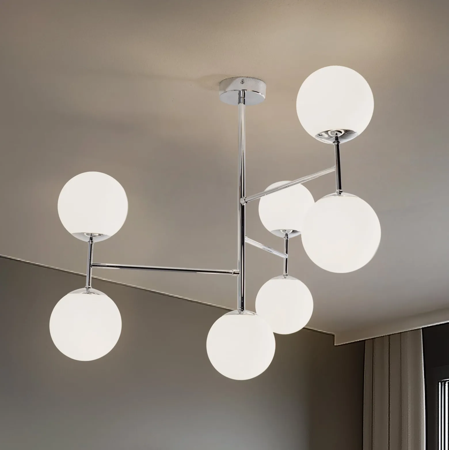 Deckenlampe Korek, chrom/weiß, Glas, 75 cm, 7-flg., E14