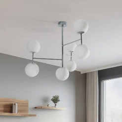 Deckenlampe Korek, chrom/weiß, Glas, 75 cm, 7-flg., E14