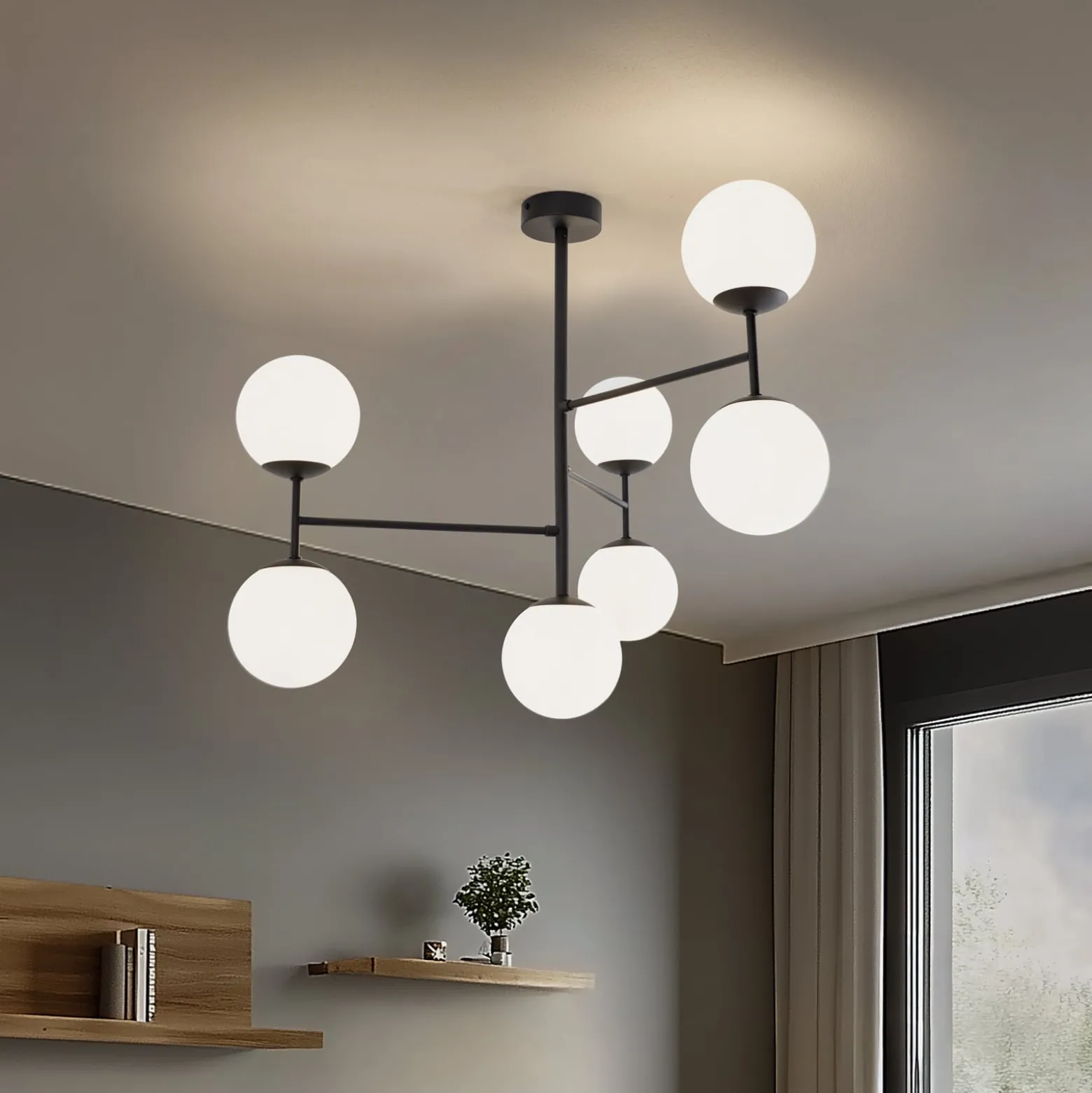 Deckenlampe Korek, schwarz/weiß, Glas, 75 cm, 7-flg., E14