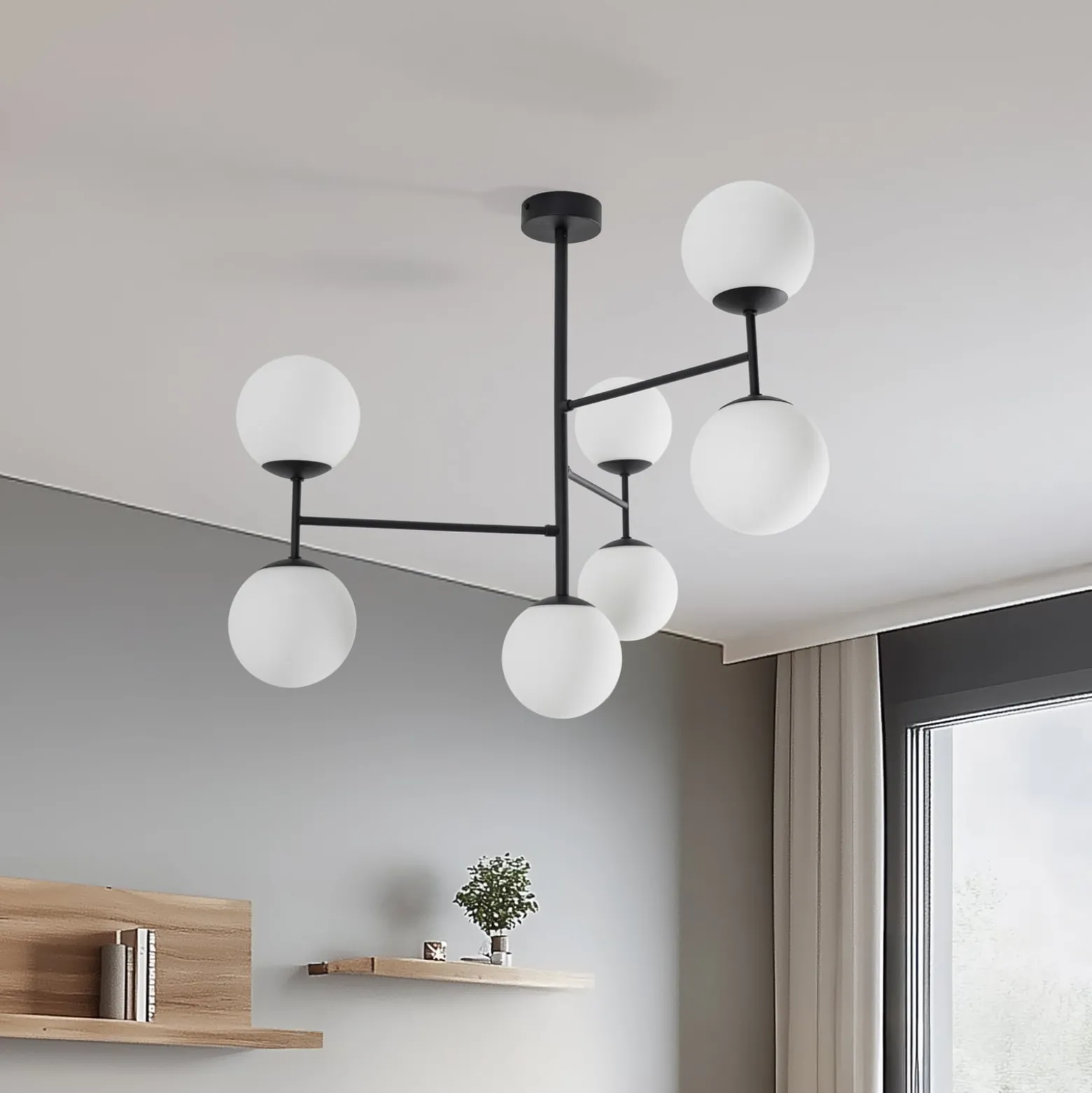 Deckenlampe Korek, schwarz/weiß, Glas, 75 cm, 7-flg., E14