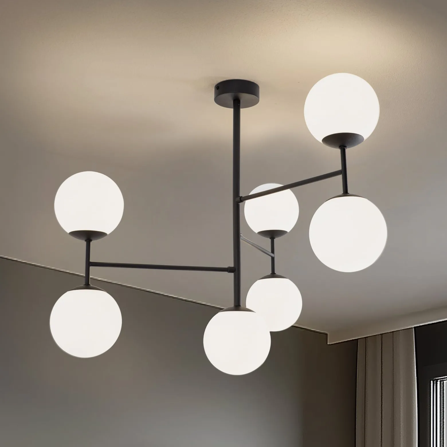 Deckenlampe Korek, schwarz/weiß, Glas, 75 cm, 7-flg., E14