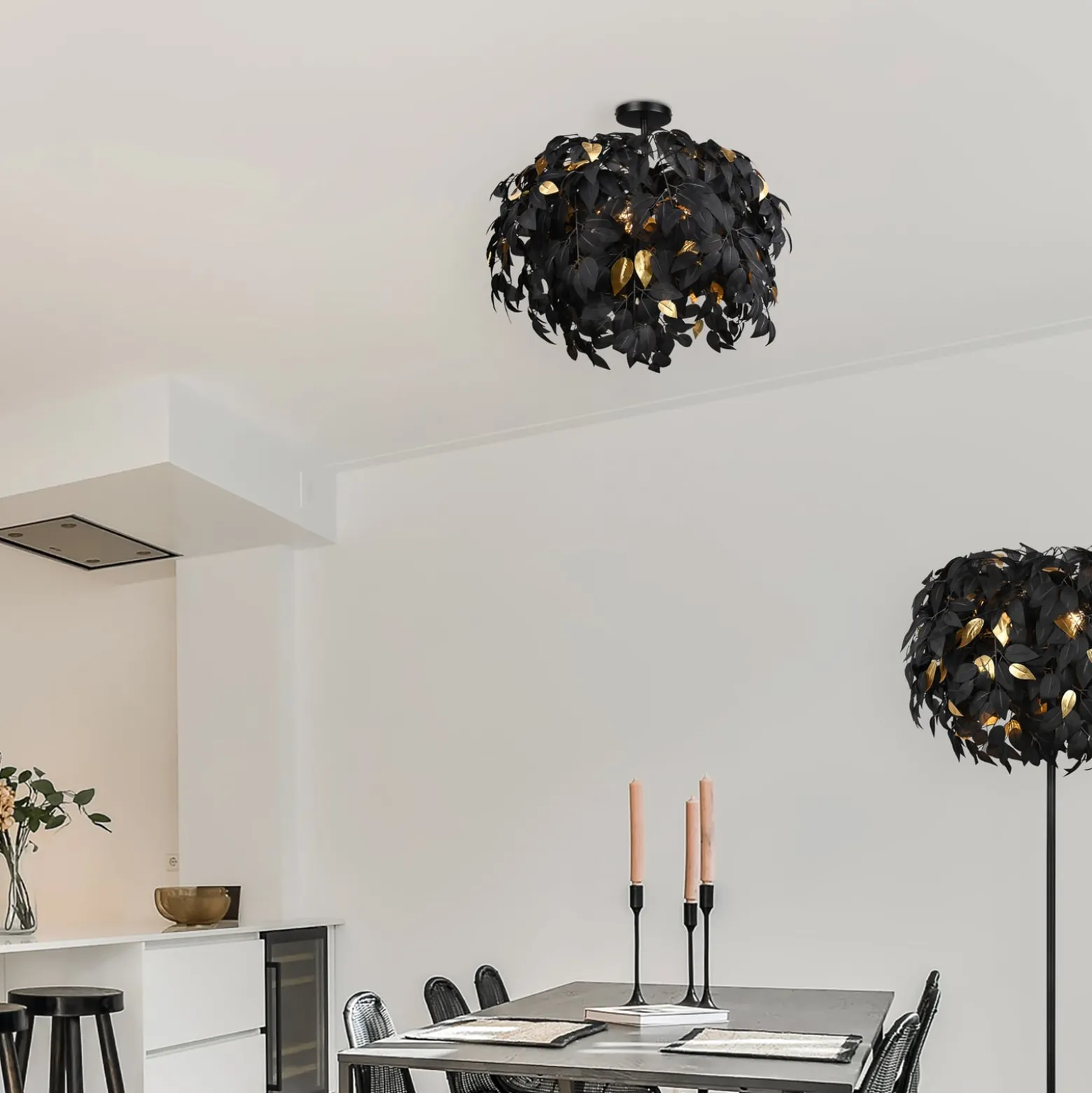Deckenlampe Leavy, Ø 70 cm, schwarz/gold, Kunststoff