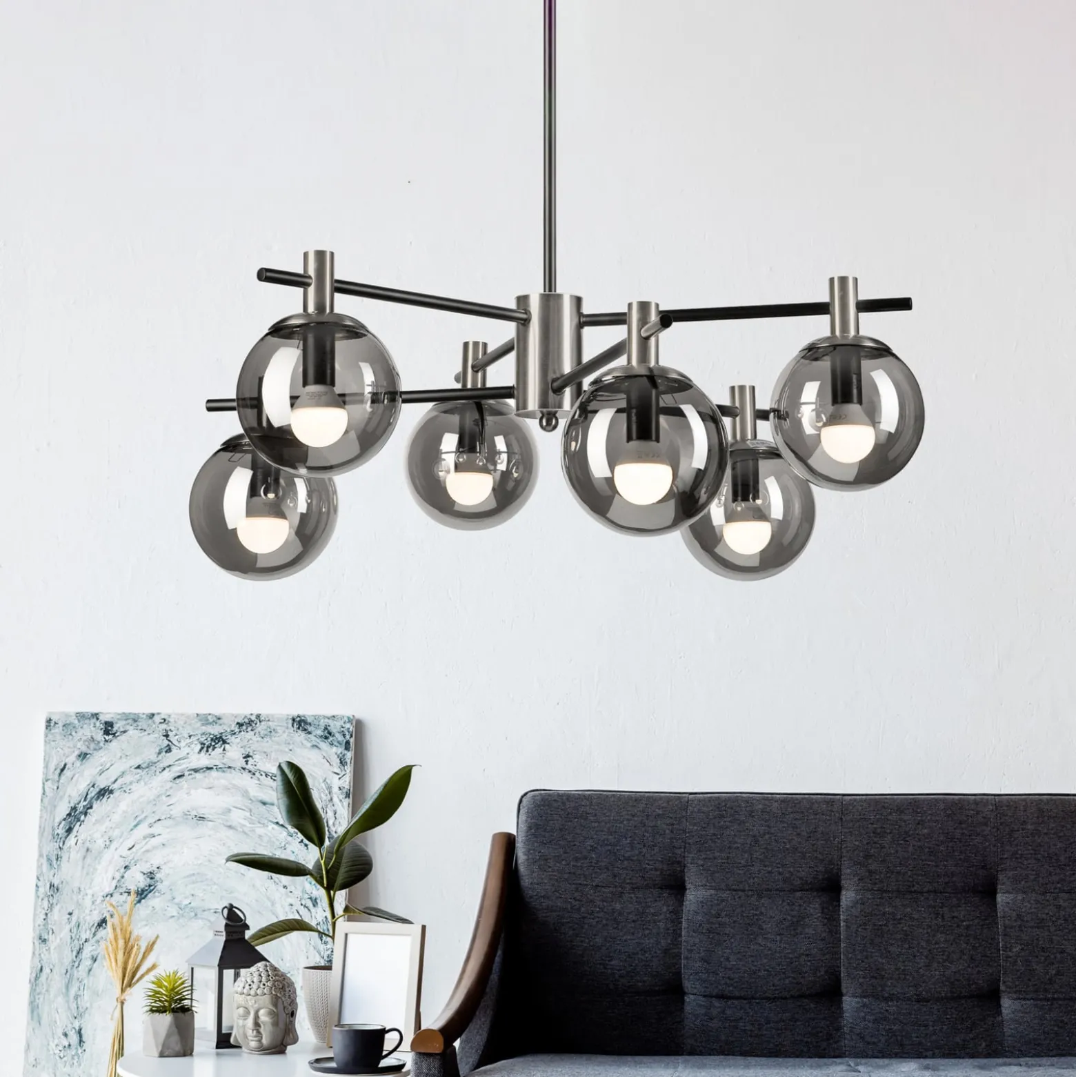 Deckenlampe Lilou, Ø 53cm, rauchgrau, Glas/Metall, 6-flg.