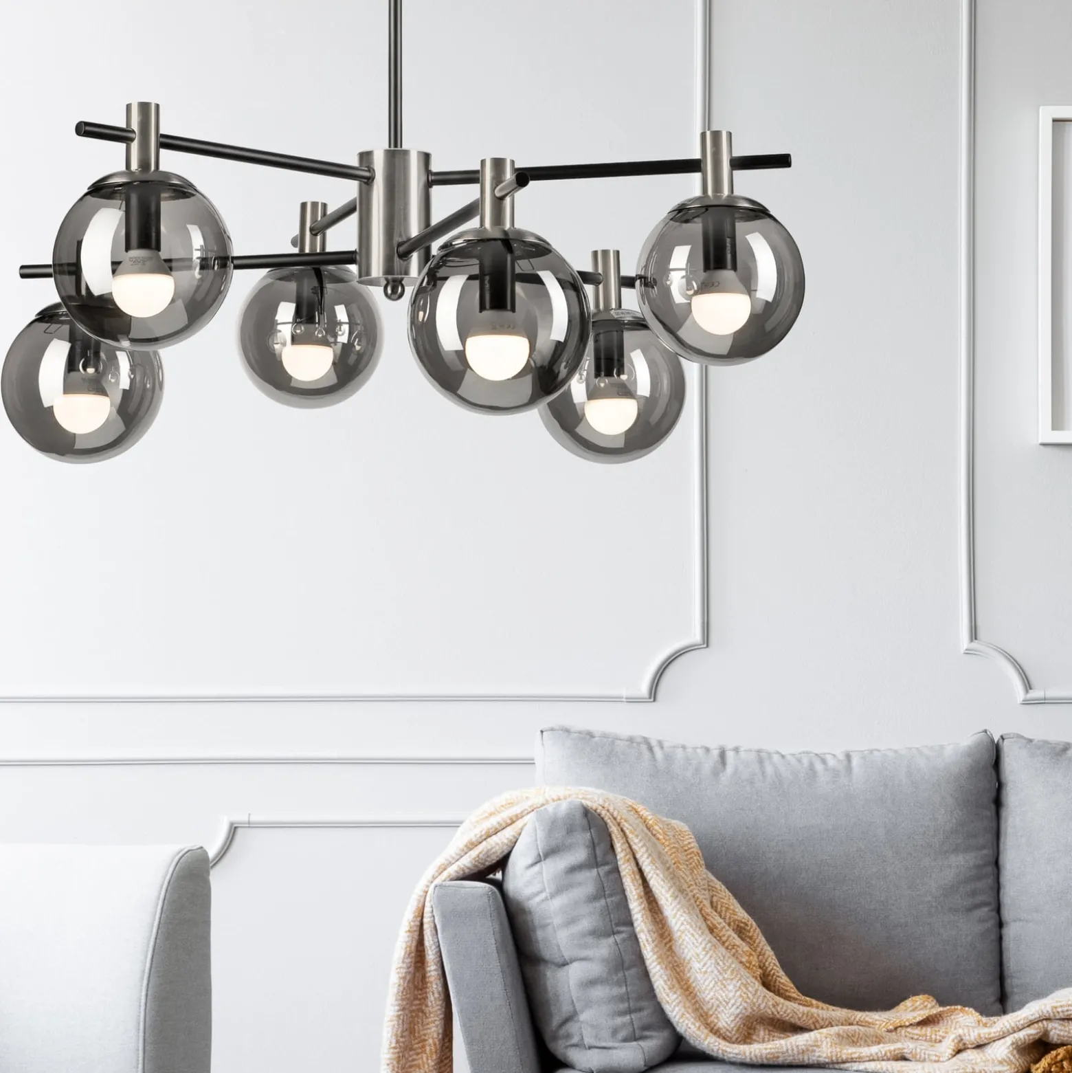 Deckenlampe Lilou, Ø 53cm, rauchgrau, Glas/Metall, 6-flg.