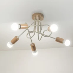 Deckenlampe Oxford, sandbeige, Holz, Metall, 5-flg,, Ø 47 cm