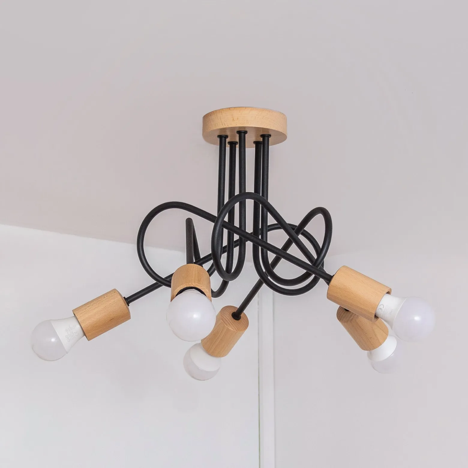 Deckenlampe Oxford, schwarz, Holz, Metall, 5-fl,, Ø 47 cm
