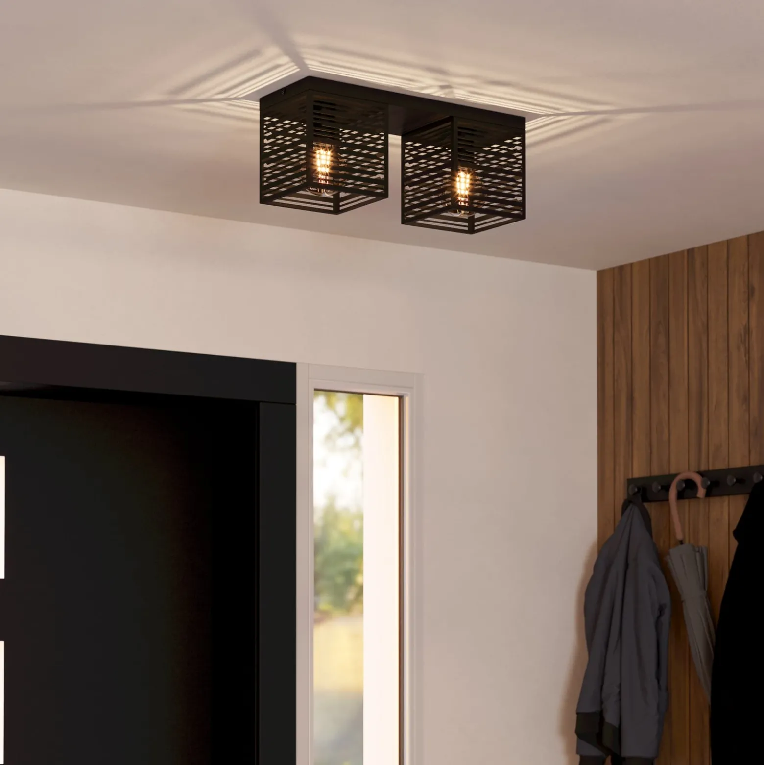 Deckenlampe Piedritas, zwei schwarze Quaderschirme