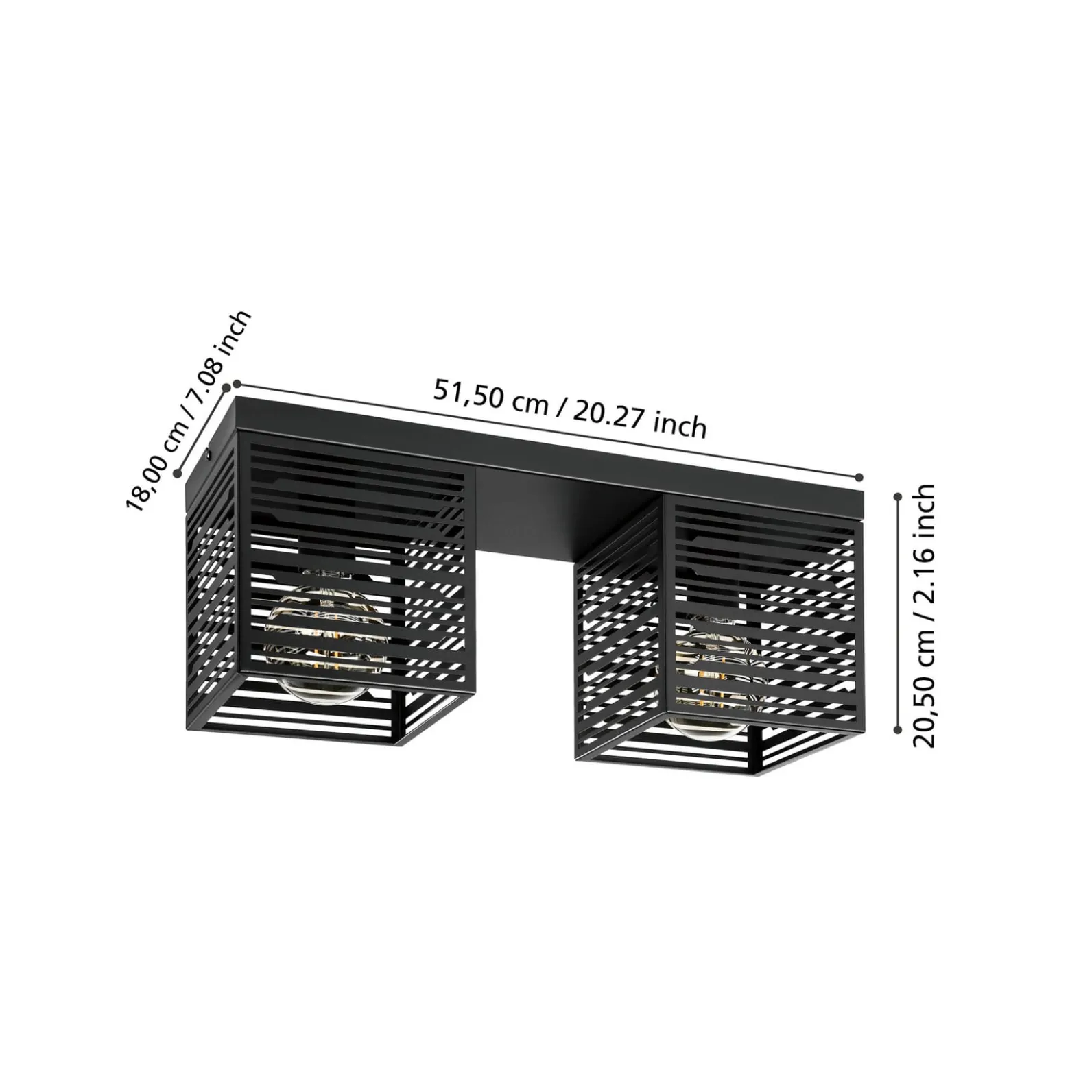 Deckenlampe Piedritas, zwei schwarze Quaderschirme