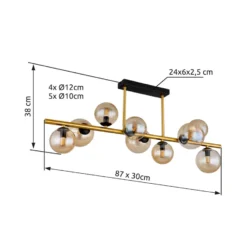 Deckenlampe Riha, Länge 87 cm, amber/messingfarben, 9-flg.