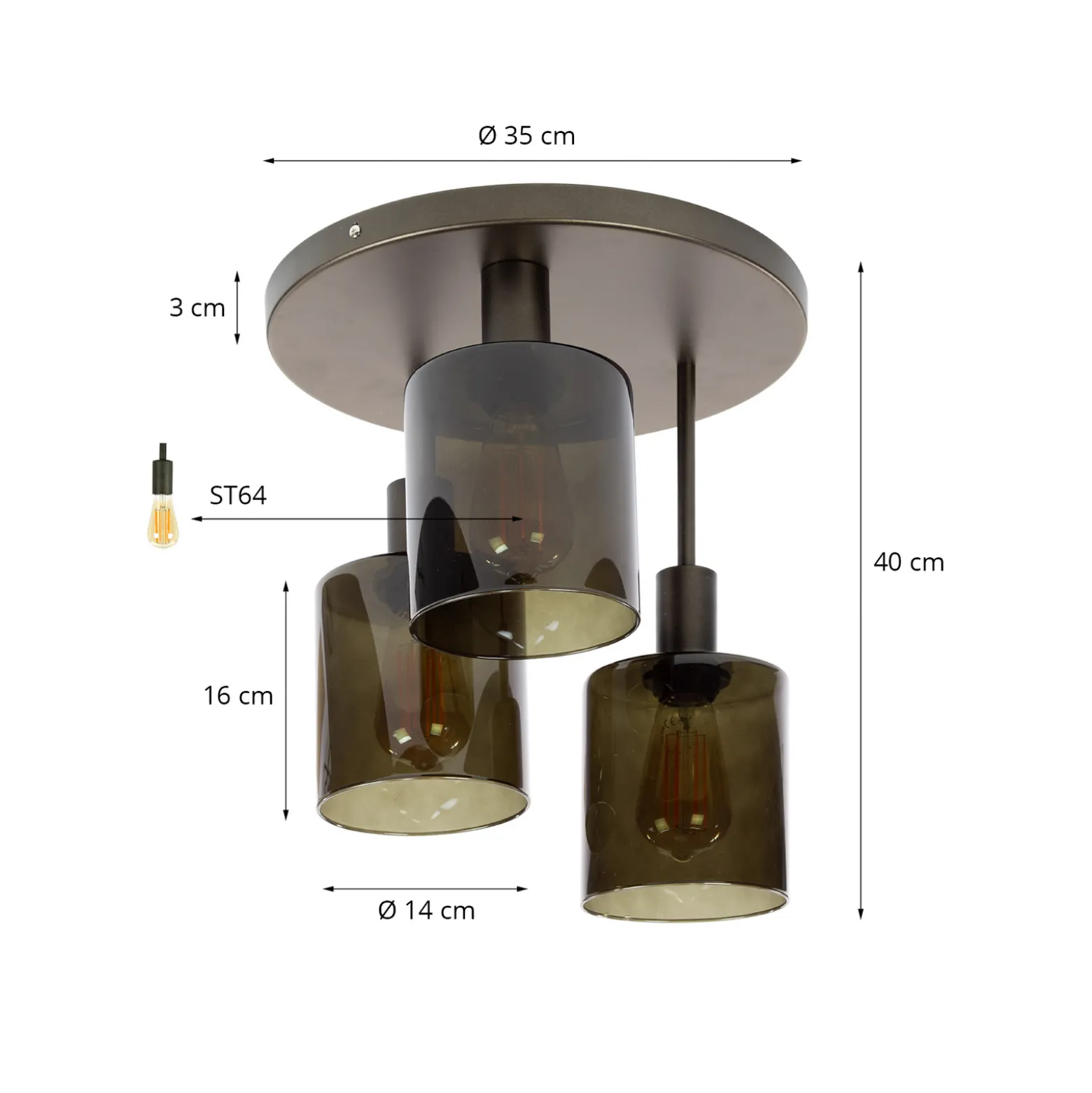Deckenlampe Sepiora, bronze, 3-flg., Ø 35 cm, Glas, E27
