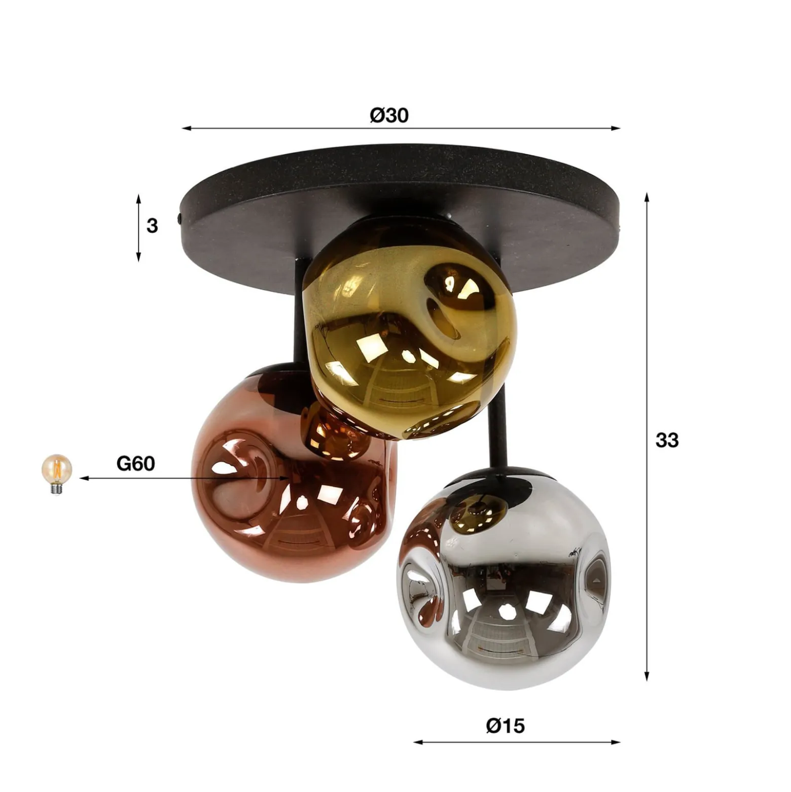 Deckenlampe Stellar, gold/silber/kupfer, Ø 30 cm Glas 3-flg.