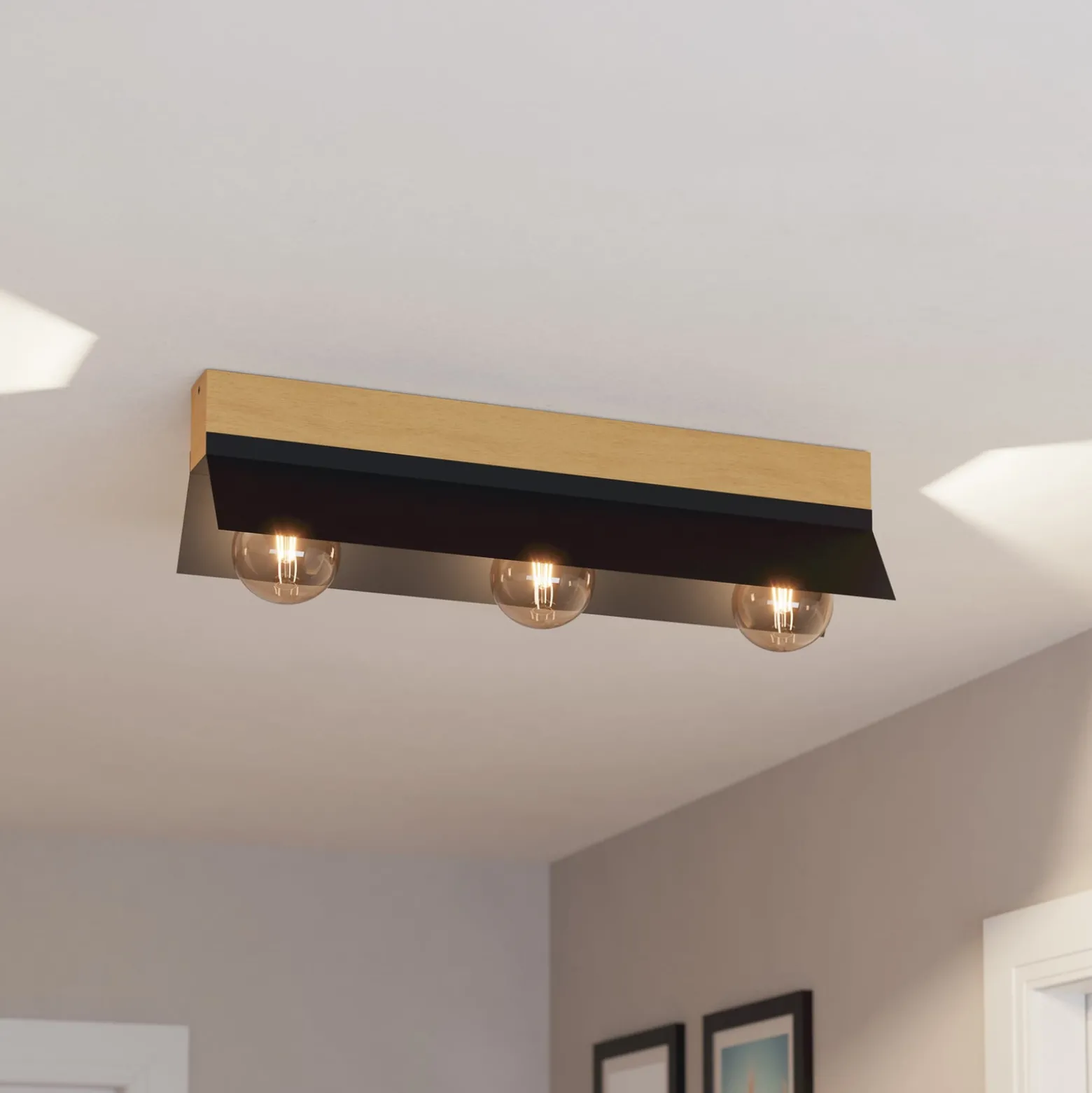 Deckenlampe Tarrafo schwarz, holz natur, 3-flammig
