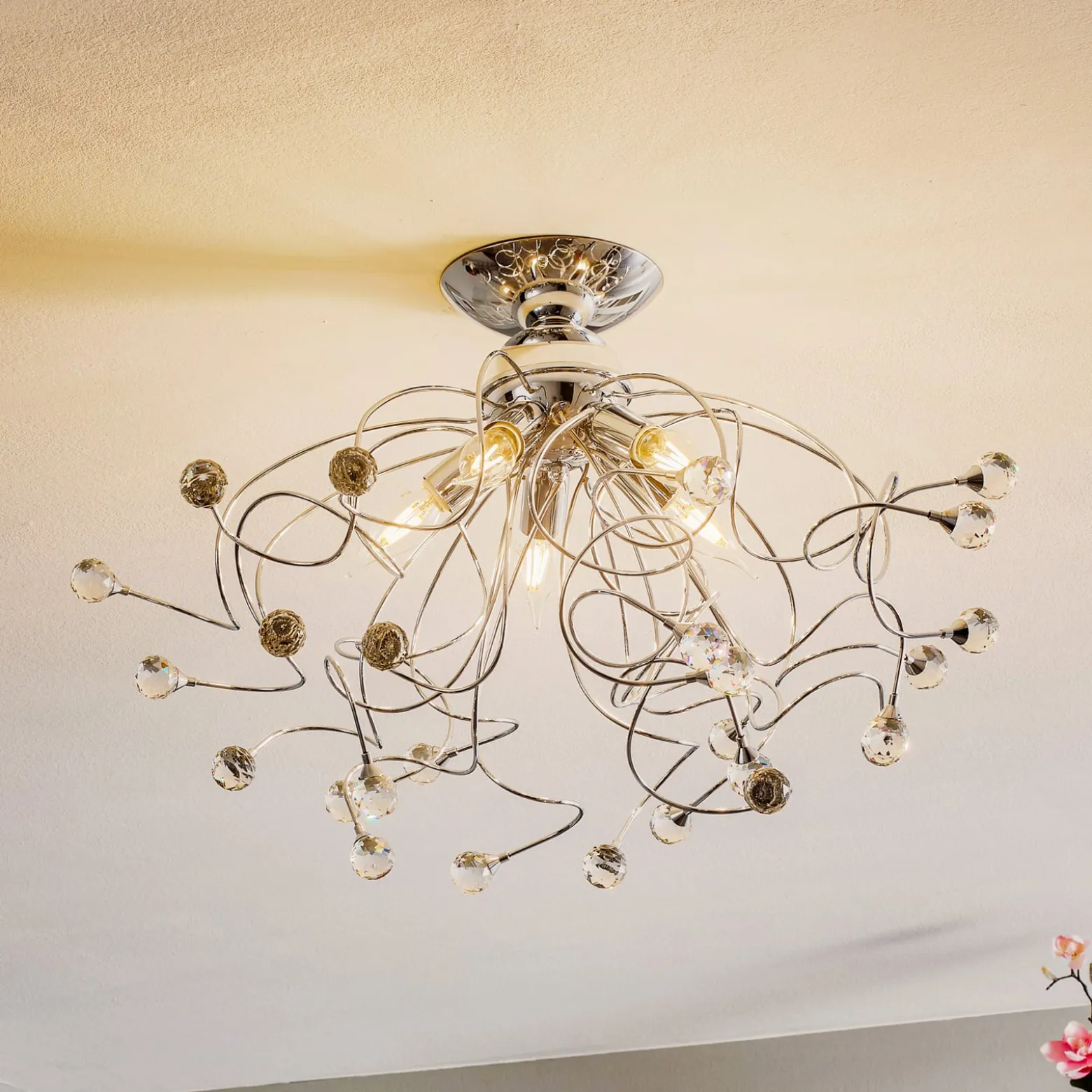 Deckenlampe Trilly in Chrom mit Kristallen, 5fl.
