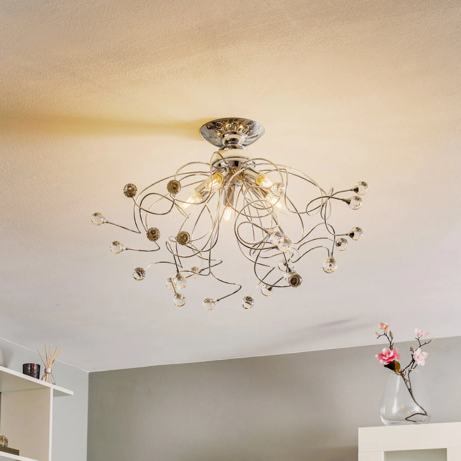 Deckenlampe Trilly in Chrom mit Kristallen, 5fl.