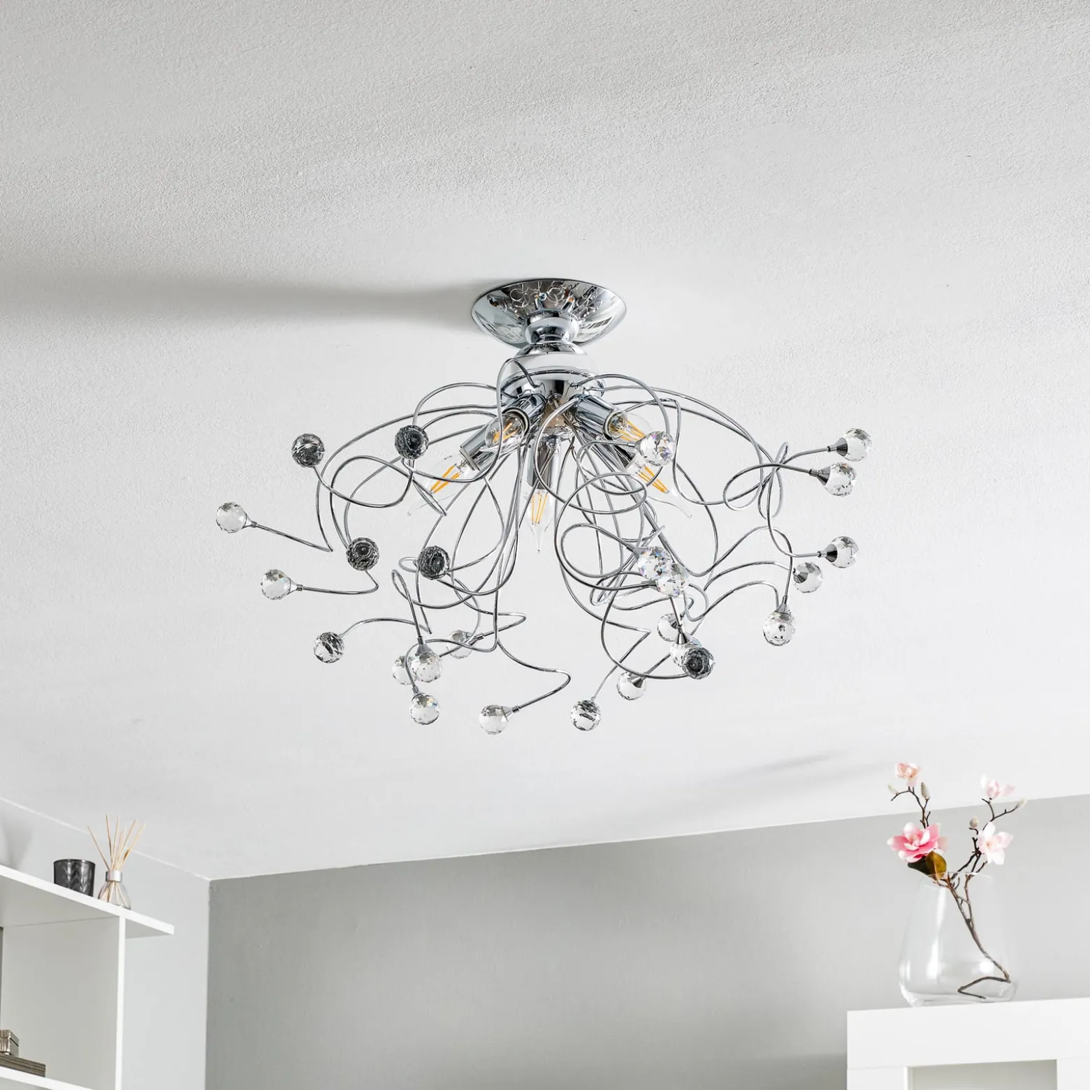 Deckenlampe Trilly in Chrom mit Kristallen, 5fl.