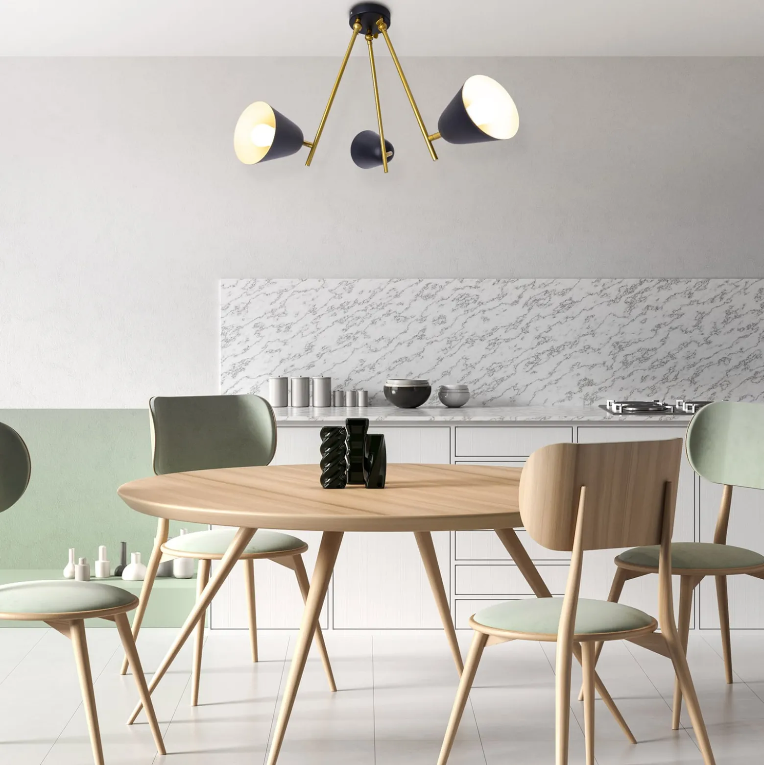 Deckenlampe Triton, schwarz und gold, dreiflammig