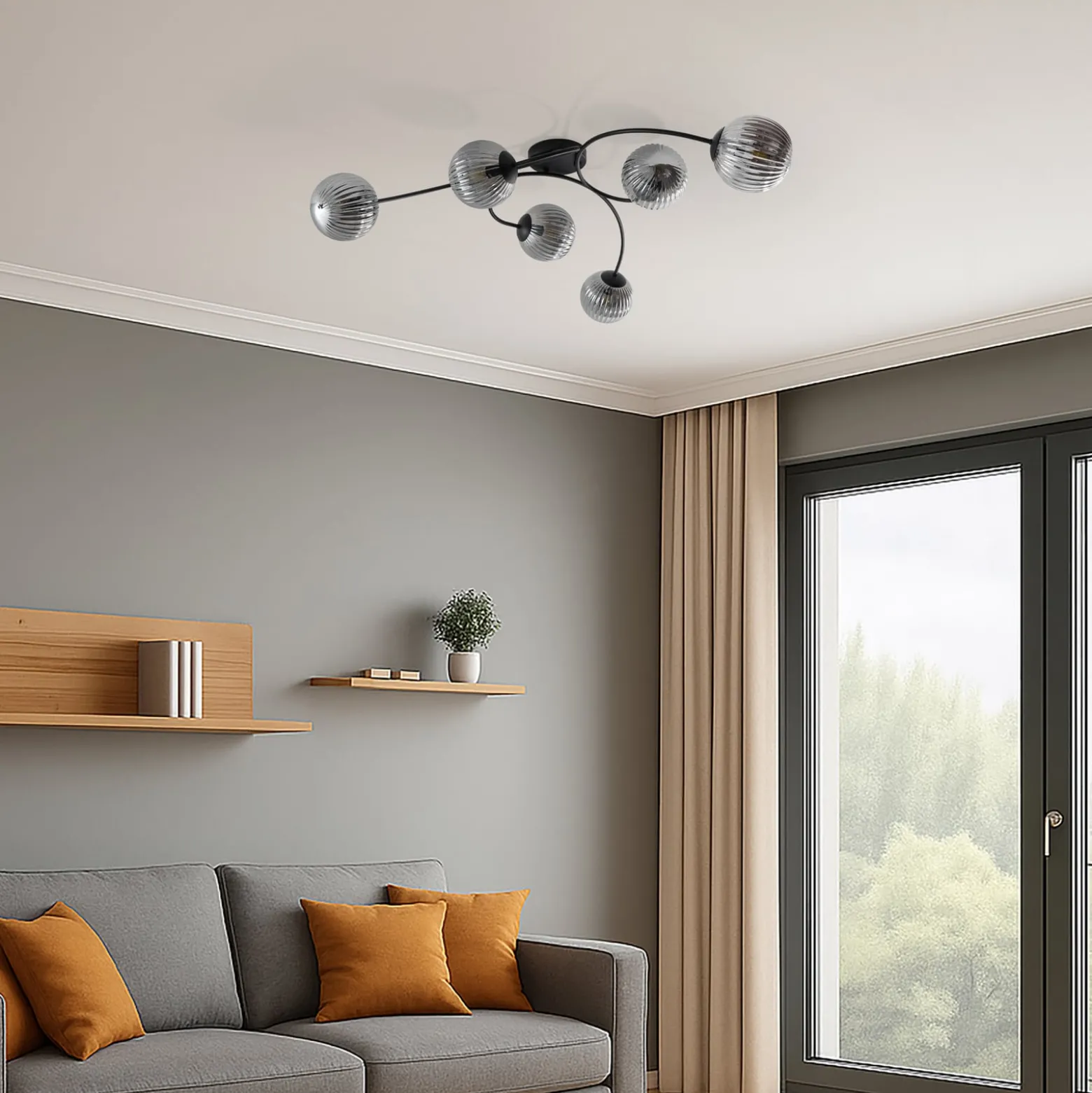 Deckenlampe Vibra, rauchgrau/schwarz, Länge 97 cm, 6-flg.