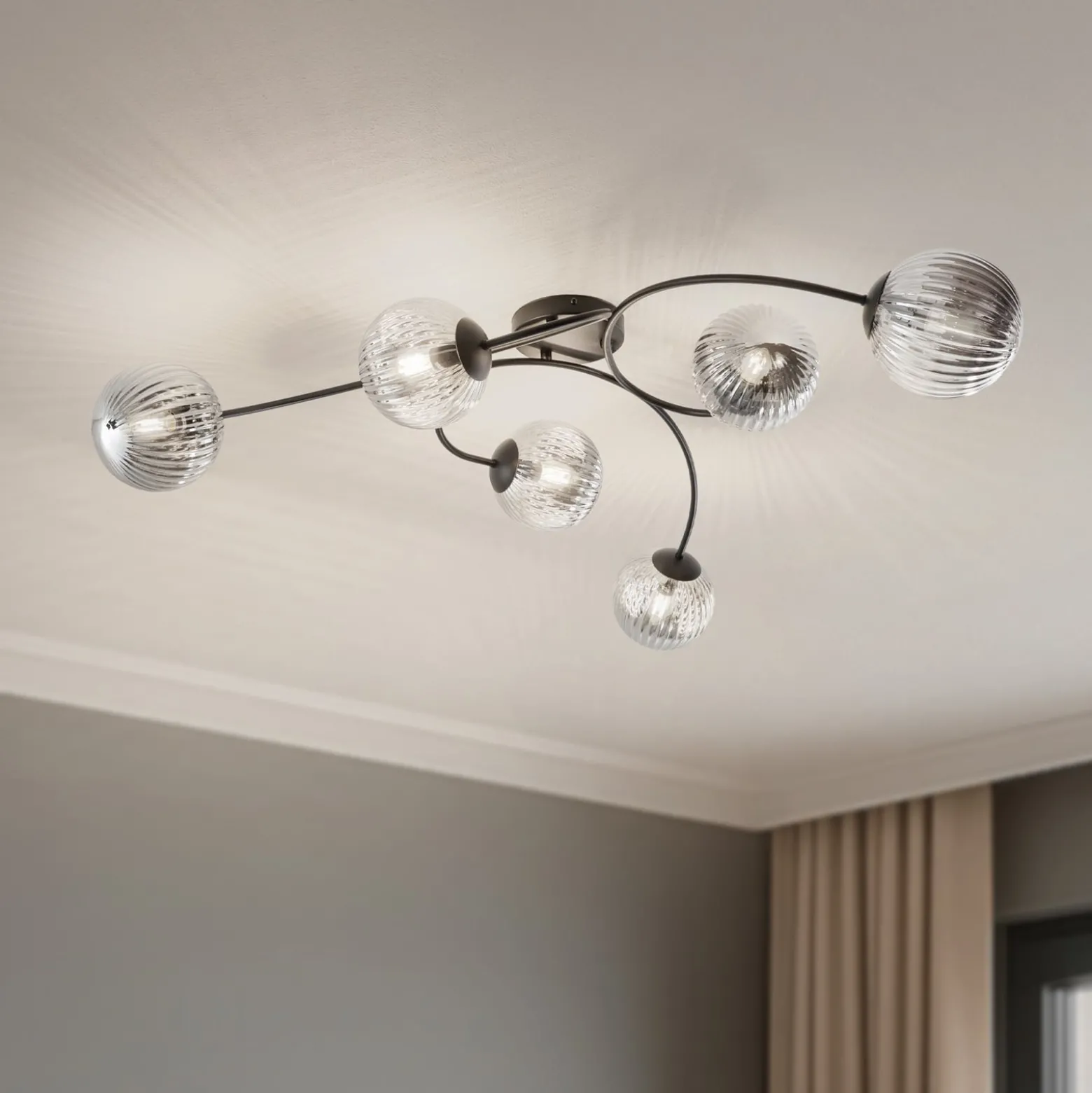 Deckenlampe Vibra, rauchgrau/schwarz, Länge 97 cm, 6-flg.