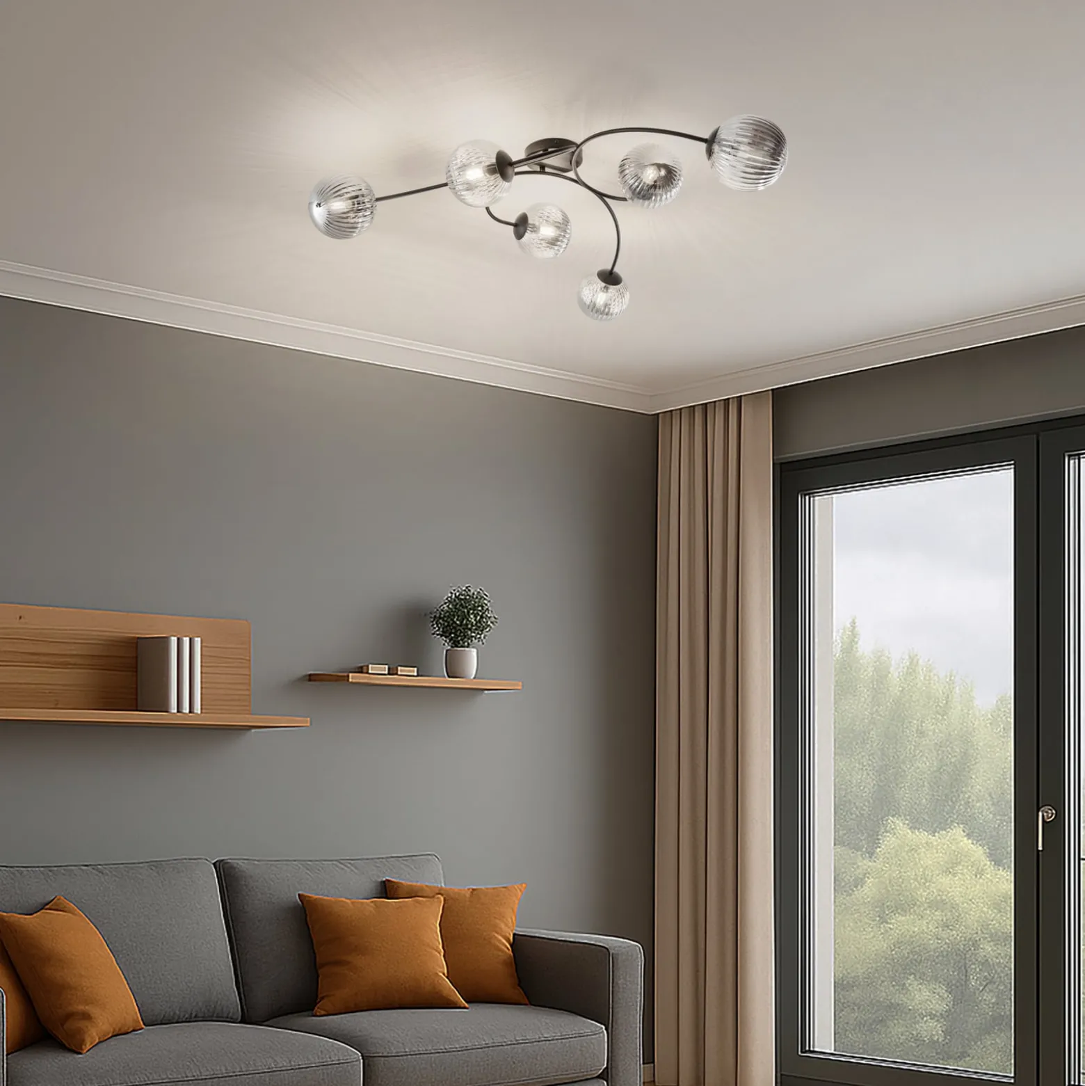 Deckenlampe Vibra, rauchgrau/schwarz, Länge 97 cm, 6-flg.