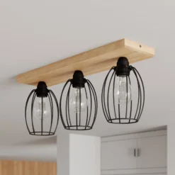 Deckenleuchte Beevly, Holz und Metall, dreiflammig